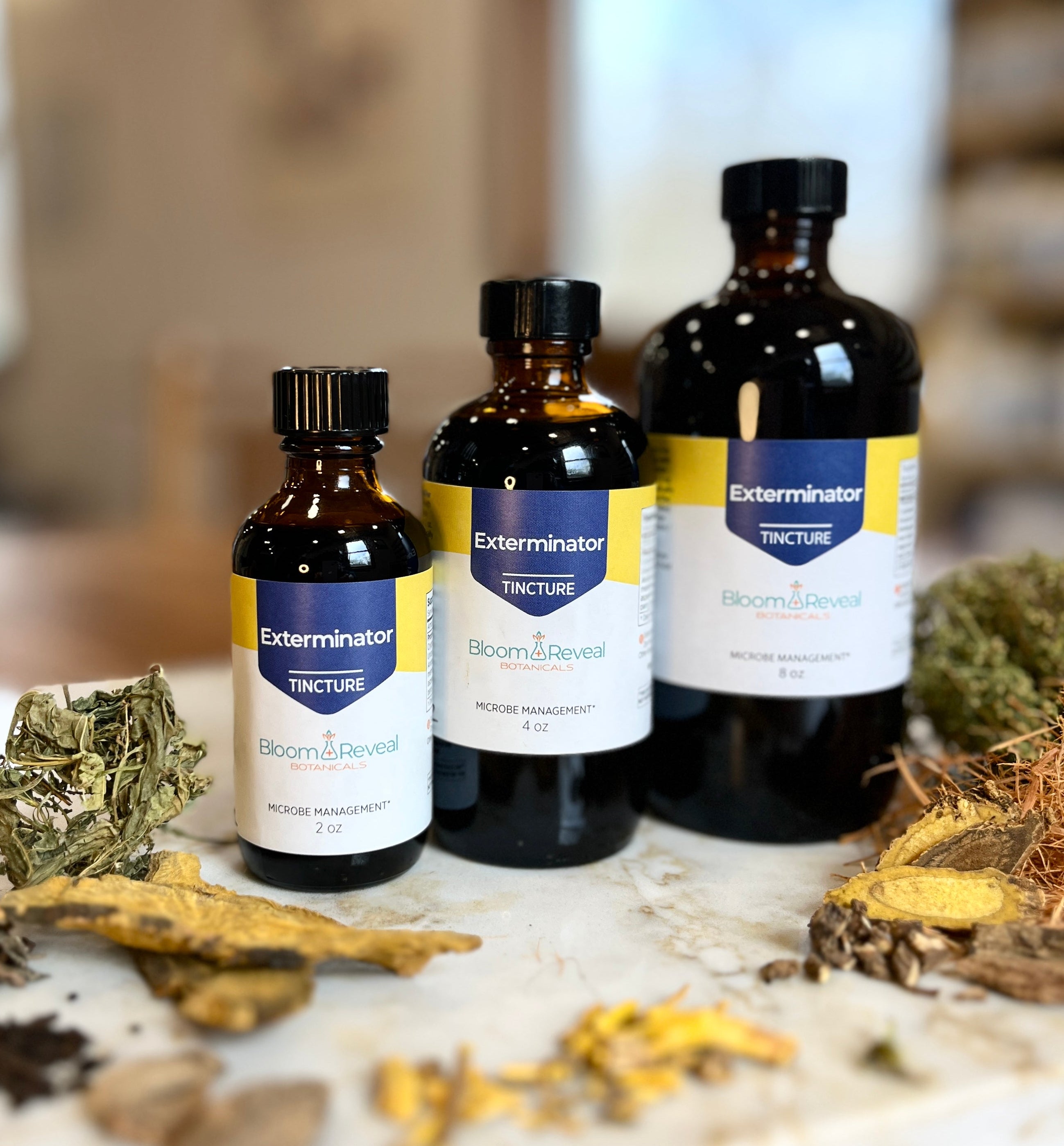 Three bottles of Exterminator tincture on a surface with dried herbs.