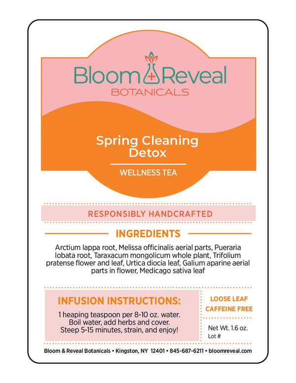 Bloom & Reveal Botanicals Spring Cleaning Detox wellness tea packaging with ingredients and instructions.